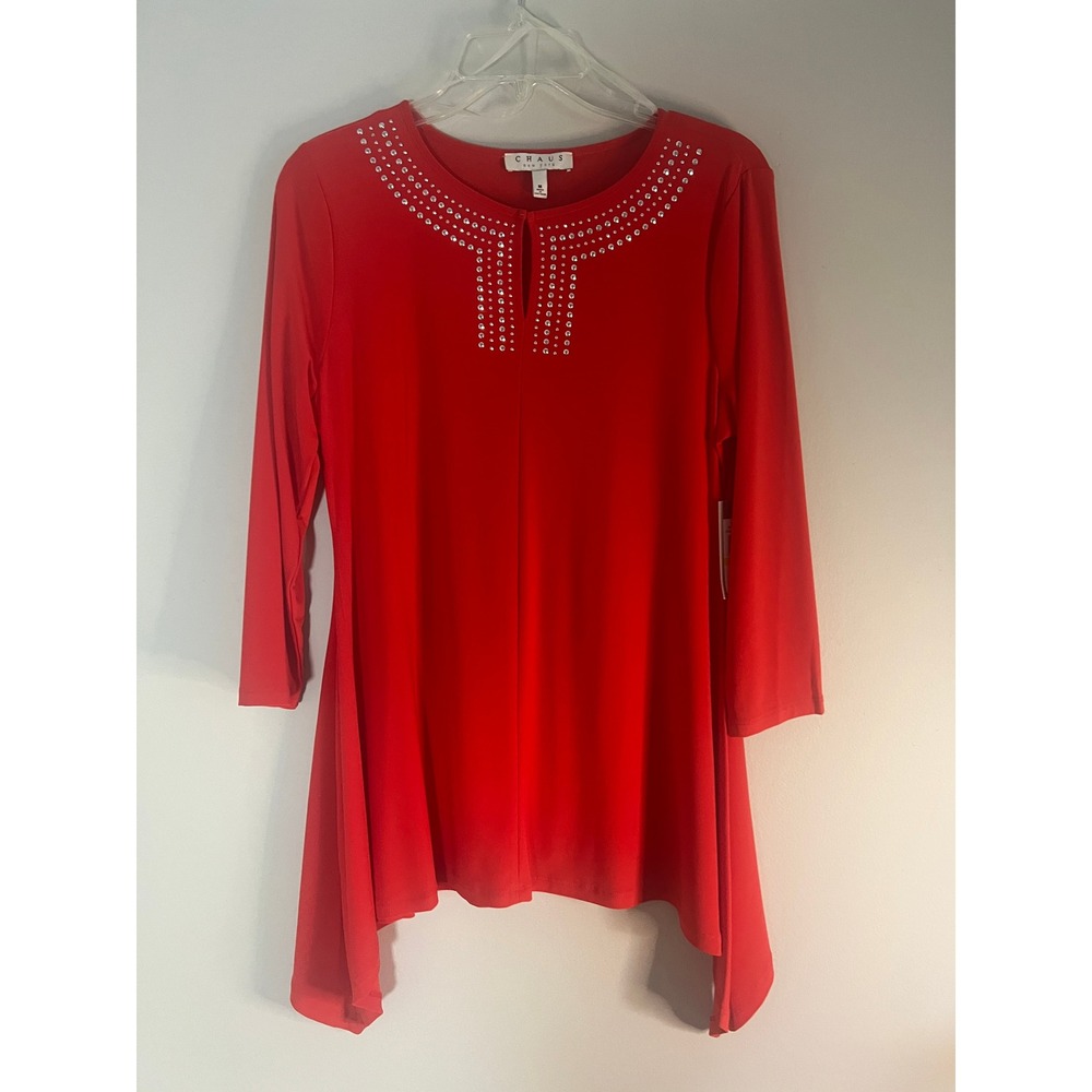 Chaus New York Carmine Red Rhinestone Keyhole Sharkbite Knit‎ Top Size M NWT